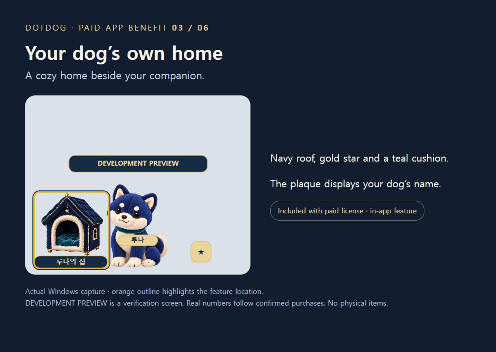 3. Your dog’s own home — A navy house with a gold star and cushion appears beside the dog. Its plaque displays your dog’s name.