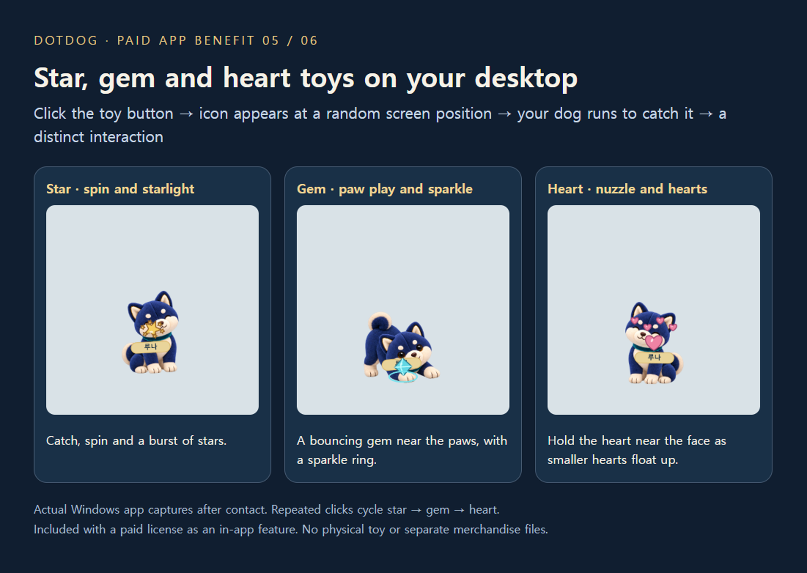 5. Star, gem and heart toys — Click the button beside your dog to cycle three designs, with a play reaction and matching particles. Separate from basic fetch.