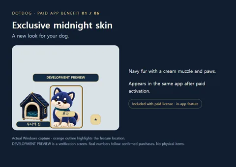 1. Midnight exclusive skin — A navy dog with a cream muzzle and paws appears in the same app after paid activation.