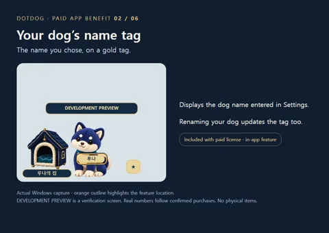 2. Your dog’s name tag — The gold tag displays the name entered in Settings and changes when you rename your dog.